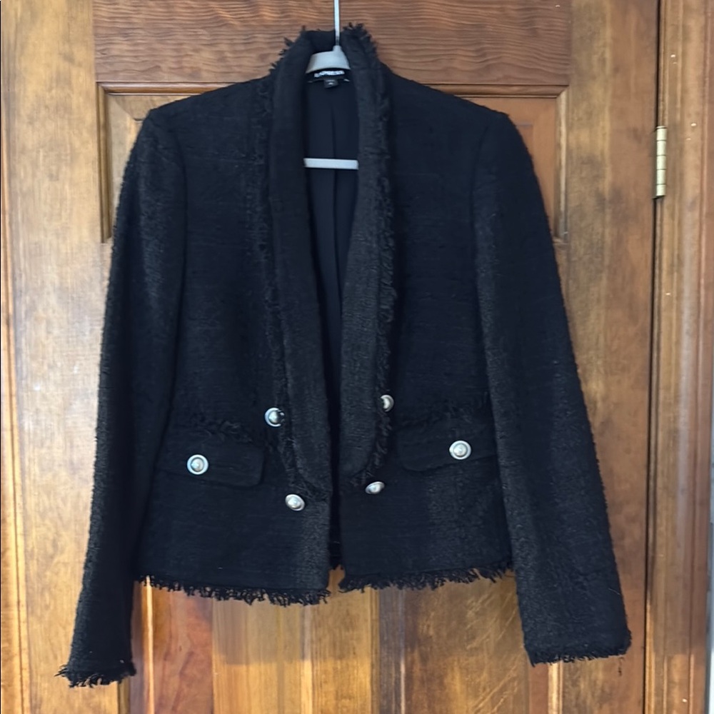 Express Black Blazer with Frayed Trim and Textured Fabric
